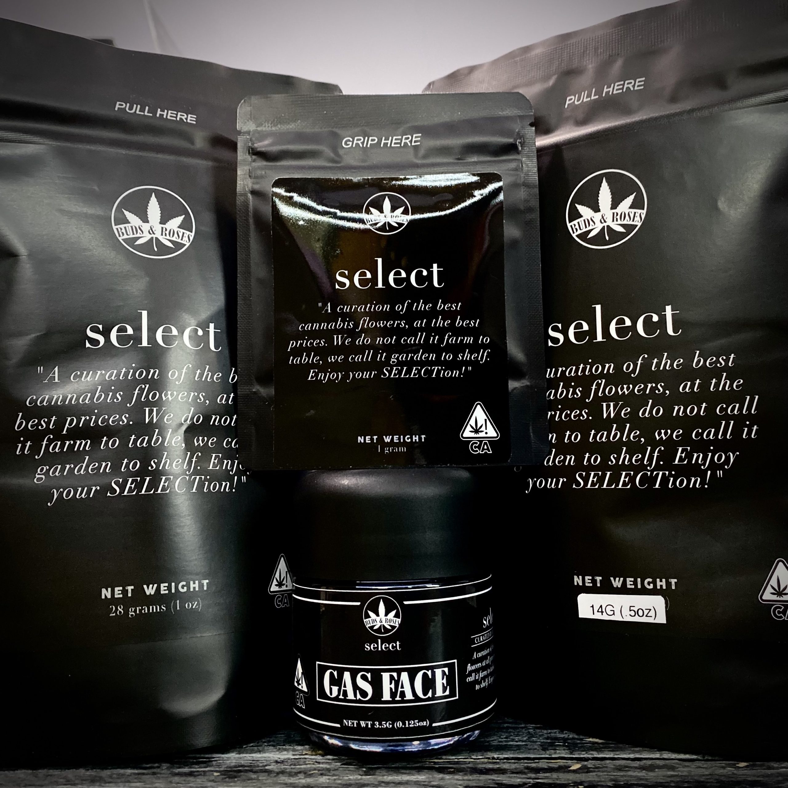 picture of Buds & Roses Select branded cannabis flower packaging