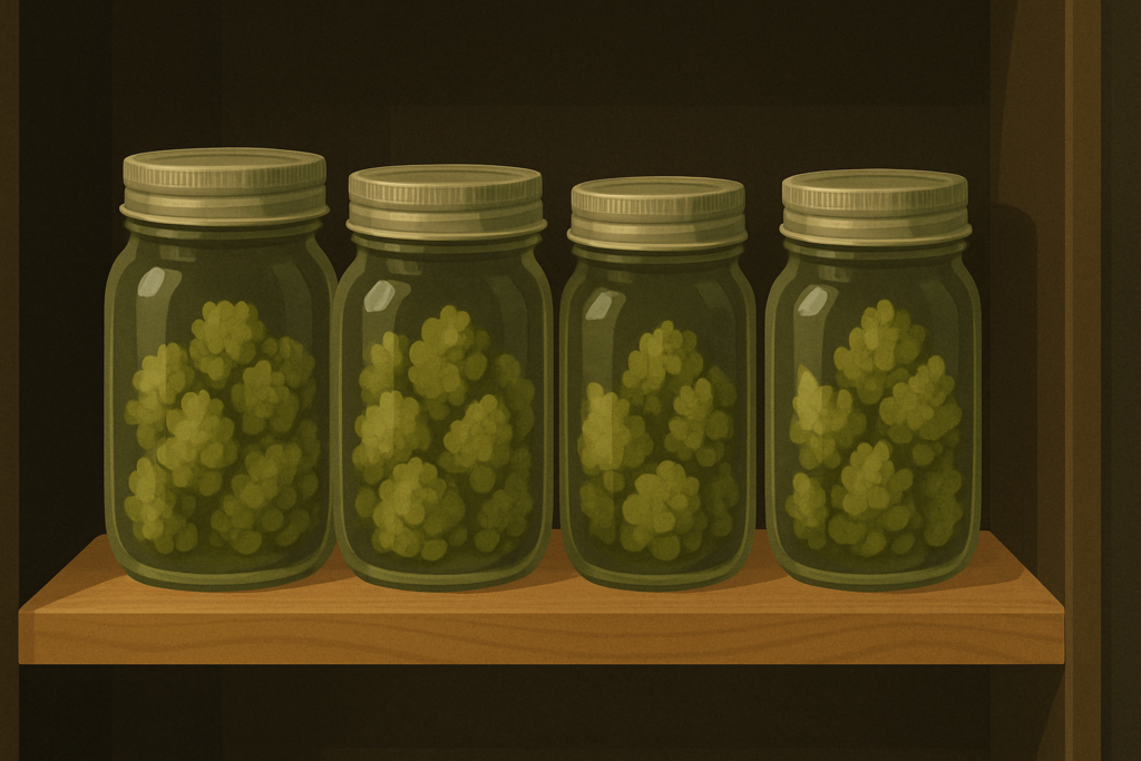 Glass jars storing cannabis flower properly in a cool dark cabinet