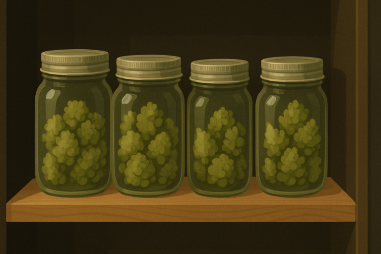 Glass jars storing cannabis flower properly in a cool dark cabinet
