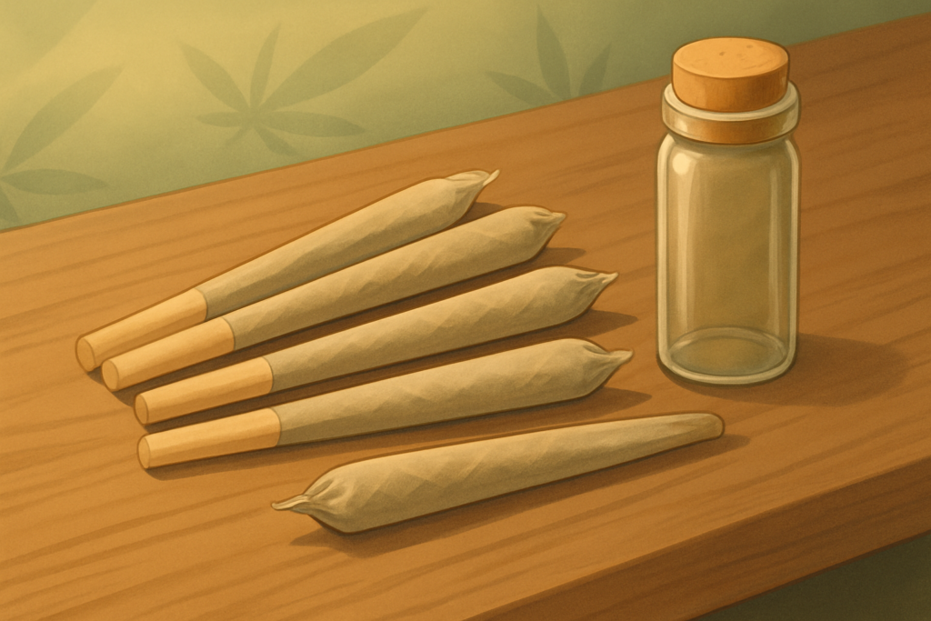 Cannabis pre-rolls arranged with packaging representing a guide to pre-rolled joints