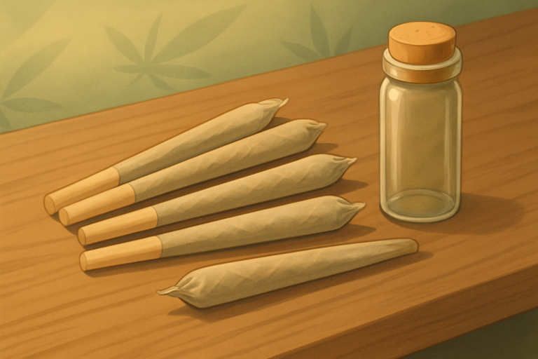 Cannabis pre-rolls arranged with packaging representing a guide to pre-rolled joints