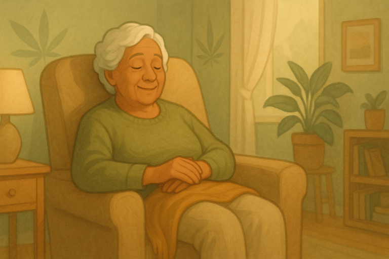 Older adult relaxing comfortably representing cannabis for seniors as a gentle introduction