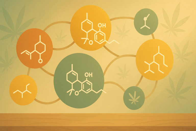 Visual representation of cannabis compounds working together to create the entourage effect