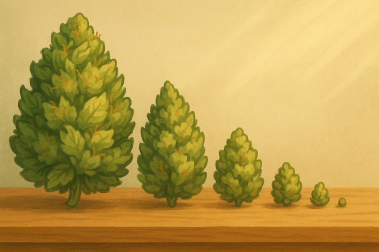 Cannabis flower buds showing different quality grades from top-shelf to budget tiers