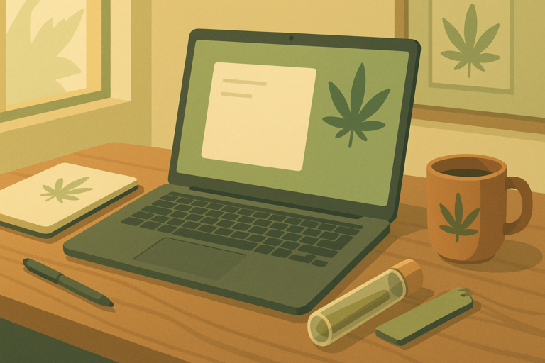 Modern workspace representing cannabis strains for focus and productivity